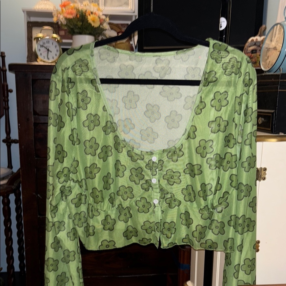 Sheer Green Floral Long Sleeve Top